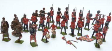 Thirty-seven Britains and similar lead model soldiers including bandsmen, Queens Guards etc.