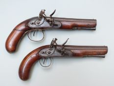 Pair of Muley of Dublin Irish flintlock coat pistols with named locks, French style hammers, horn