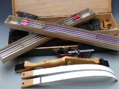 TD 01 trainer archery bow, two sets of arrows and accessories in fitted wooden box