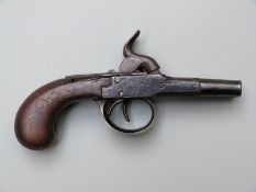 Queen Anne type side by side flintlock hammer action percussion pistol with engraved lock and