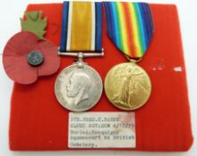 British Army WWI medals comprising War Medal and Victory Medal, named to 51952 Pte F C Payne