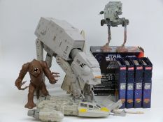 Five Star Wars action figures and vehicles including Imperial AT-ST, in original box, AT-AT Walker