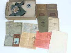 WWII German/Nazi Third Reich ephemera including ID cards and a civilian gas mask in box