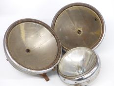 Pair of large Tiltray vintage car headlamps, diameter 26cm and a spotlamp