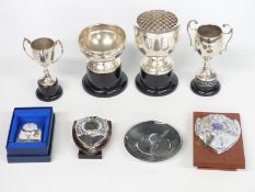 Collection of Rolls Royce interest items to include desk clock, pin tray and trophies