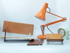 Retro lot including Anglepoise style lamp 1960s, book troughs, Smiths clock