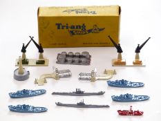 Thirteen Tri-ang Minic Ships diecast model ships and accessories with one original box