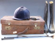 Vintage leather suitcase, riding boots, hat and two crops