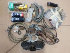 A quantity motorcycle spares including foot brakes, horns, brake linings, paint sealant/protector