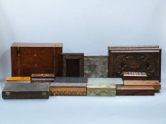 Collection of inlaid brass bound, mother of pearl and carved boxes and cased cutlery