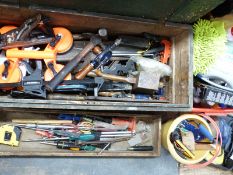 Vintage pine tool chest and contents including Stanley plane, electric sander etc