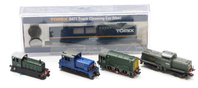 Five Lima, Tomix and similar N gauge diesel locomotives including Track Cleaning Car (blue) 6421