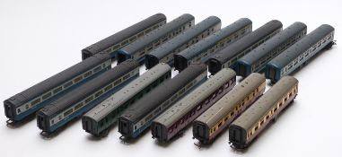 Fourteen Hornby and Tri-ang 00 gauge model railway coaches including BR Mk1, Mk2 and Mk3 examples