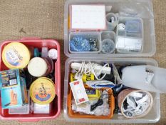 Collection of tools and accessories including nuts, bolts, screws, bottle jack, ironmongery etc