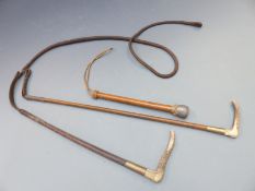 Two horse riding whips/crops with leather and deer horn mounts, one dated 1901 and an Edwardian