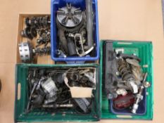 Four boxes of Hinkley Trident motorcycle parts including gearbox internals, radiator etc