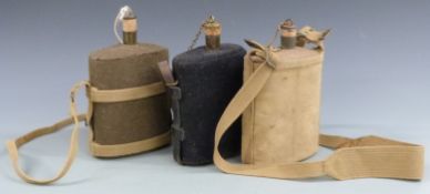 British Army WWII three water bottles, one with canvas pouch