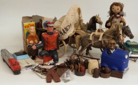 A collection of toys and games including Sindy horses, doll, Lima 00 gauge Santa Fe train etc