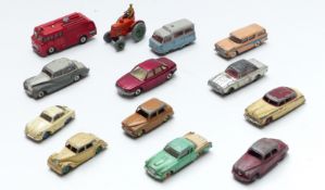 Thirteen Dinky Toys diecast model vehicles including fire engine, tractor, vans, cars etc.