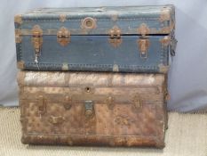 Two vintage metal burned trunks. Largest W87 x D53 x H50cm