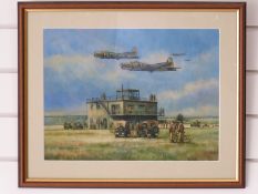 Joe Crowfoot oil USAAF bombers flying over airfield control tower, signed lower left, 29.5 x 39cm