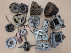 Box of Villiers motorcycle spares to include 250cc barrels, Motorplat ignition, magnetos,