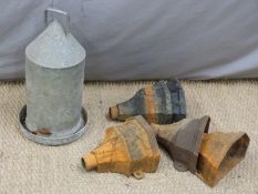 Galvanised chicken feeder and five cast iron rainwater hoppers/wall planters H55cm