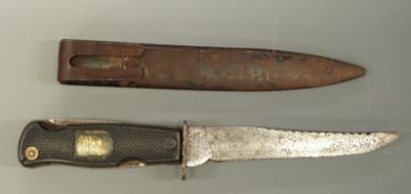 German multi purpose knife with 13cm named and serrated blade and folding tools to the handle.