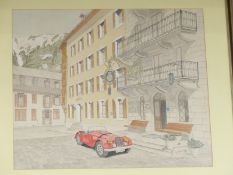 Bill Francis watercolour Morgan sports car in front of an alpine or similar hotel, signed and