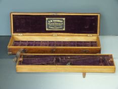 C B Vaughan brass and leather bound oak fitted shotgun case with felt lined tray lifting out to