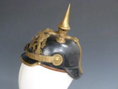 German / Bavarian Army 19thC black leather pickelhaube helmet complete with scales chip strap, and