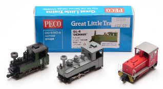 Four 00-9 gauge narrow locomotives including Peco O-6-OT GL-6 Dennis, in original box