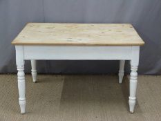 A scrubbed pine kitchen table with painted legs and single drawer. W122 x D79 x H72cm