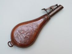 G & J.W Hawksley leather and brass shot flask with embossed decoration of huntsmen riding horses and