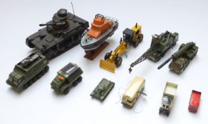 Ten Dinky and similar model vehicles including clockwork tinplate bus, tanks, cranes etc together
