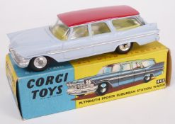 Corgi Toys diecast model Plymounth Sports Suburban Station Wagon with pale blue body, red roof and