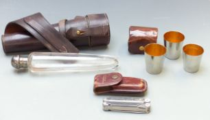 A glass hunting flask with plated mount in leather case, Leatherman wave multi purpose knife etc