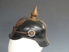 German / Prussian Army 19thC black leather pickelhaube helmet complete with leather chin strap and