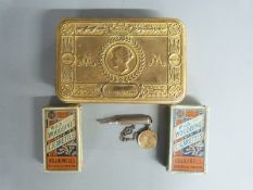 British Army WWI Princess Mary's 1914 Christmas tin with two cigarette packets (empty) and