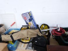 Collection of tools including extension lead, jump leads, decorating materials etc