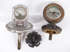 Two Calometer or Calormeter vintage car temperature gauges and an Austine Seven radiator cap