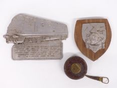 Cast prototype GWR 150 Swindon works plaque, a Warship Class cast aluminium plaque and a GWR tape