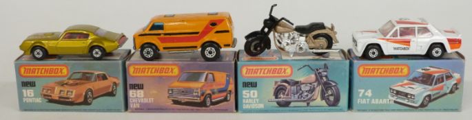 Four Matchbox diecast model vehicles 16, 50, 68 and 74, all in original boxes