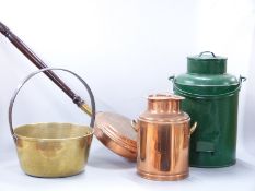 Brass and copper jam pan, warming pan and a metal churn