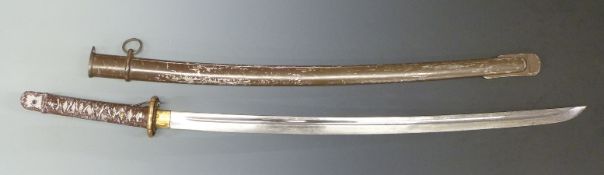 Japanese NCO sword with faux shagreen handle, 68cm curved fullered blade and metal scabbard.
