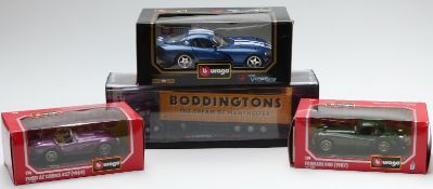 Five Burago and Maisto diecast model vehicles including Modern Trucks Boddingtons lorry, Dodge