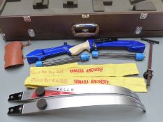 Yamaha LMX-EX recurve archery bow with accessories and stand in fitted three compartment case