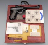 Walther LP53 .177 air pistol with named, chequered and shaped grips, serial number 005007, in fitted