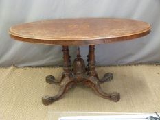 Victorian inlaid Walnut breakfast table with carved base. W160 x D116 x H70cm