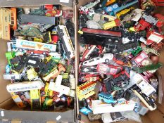 A large collection of Matchbox, Corgi, and similar diecast model vehicles and accessories, some in